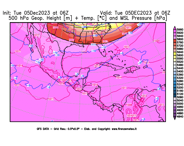 GFS analysi map - Geopotential + Temp. at 500 hPa + Sea Level Pressure in Central America
									on December 5, 2023 H06