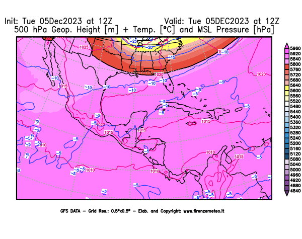 GFS analysi map - Geopotential + Temp. at 500 hPa + Sea Level Pressure in Central America
									on December 5, 2023 H12