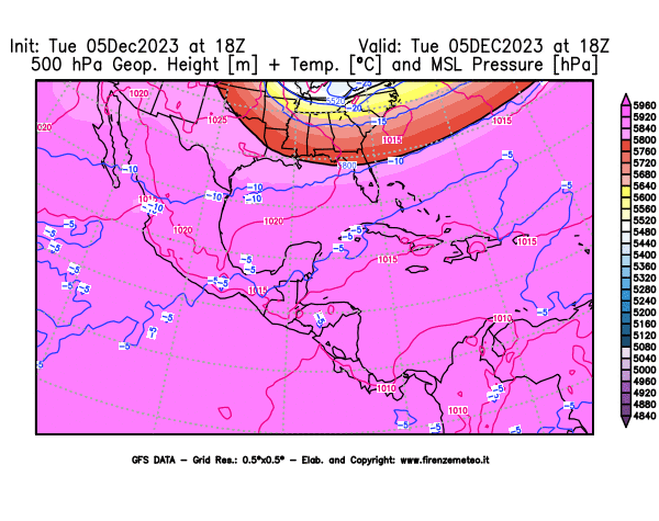 GFS analysi map - Geopotential + Temp. at 500 hPa + Sea Level Pressure in Central America
									on December 5, 2023 H18