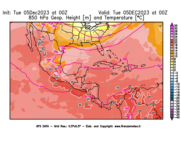 GFS analysi map - Geopotential and Temperature at 850 hPa in Central America
									on December 5, 2023 H00