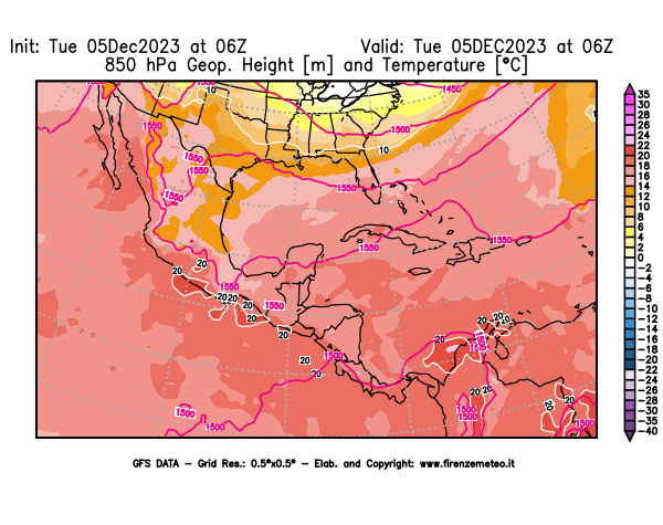 GFS analysi map - Geopotential and Temperature at 850 hPa in Central America
									on December 5, 2023 H06