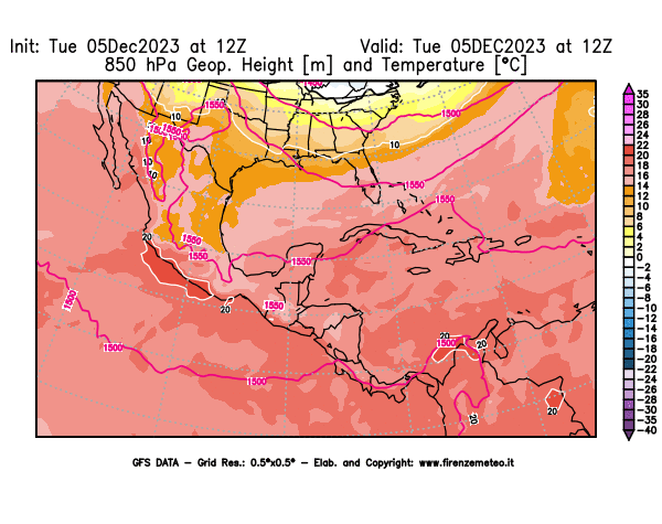 GFS analysi map - Geopotential and Temperature at 850 hPa in Central America
									on December 5, 2023 H12