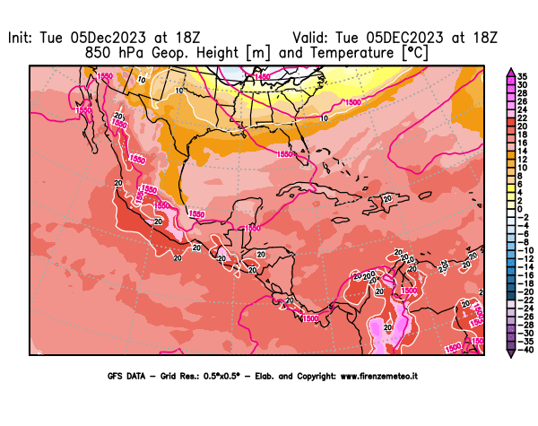 GFS analysi map - Geopotential and Temperature at 850 hPa in Central America
									on December 5, 2023 H18