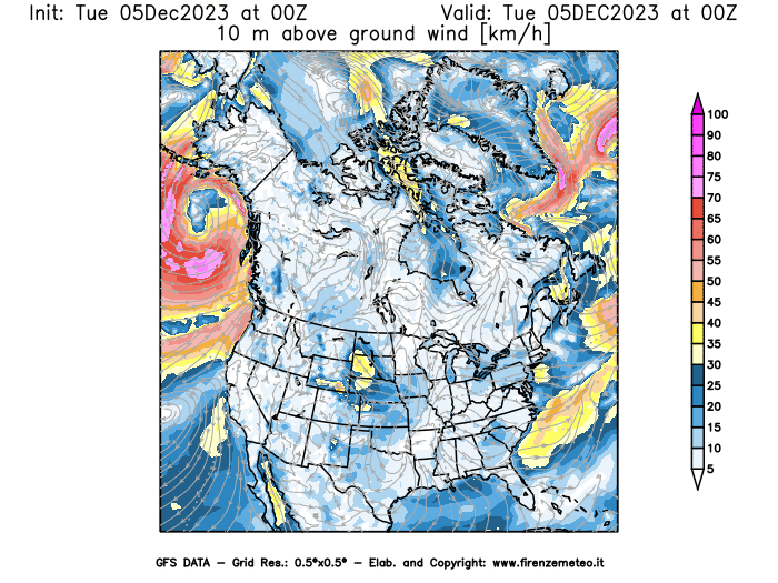 GFS analysi map - Wind Speed at 10 m above ground in North America
									on December 5, 2023 H00