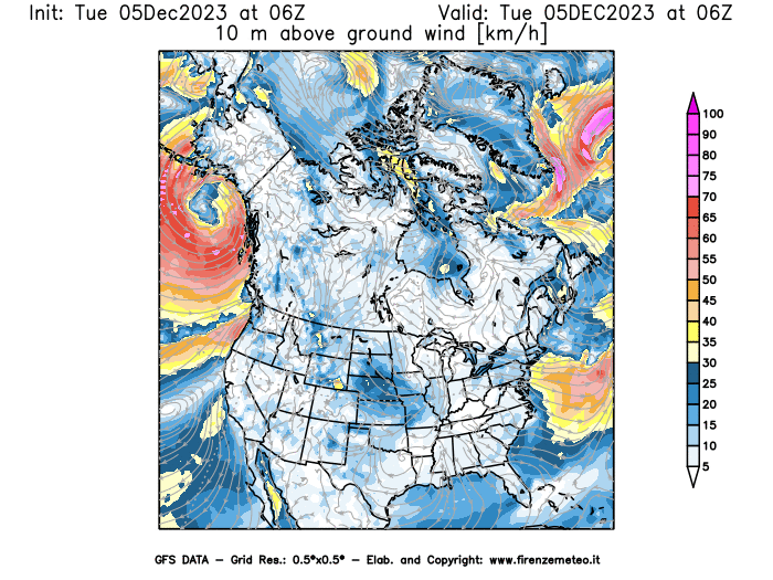 GFS analysi map - Wind Speed at 10 m above ground in North America
									on December 5, 2023 H06