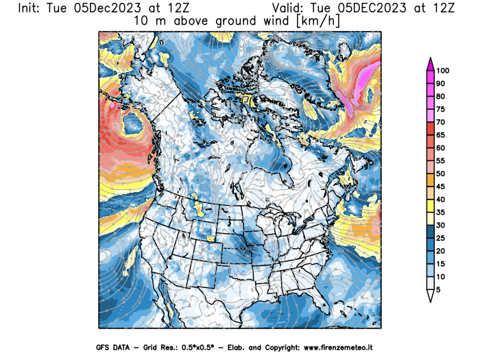 GFS analysi map - Wind Speed at 10 m above ground in North America
									on December 5, 2023 H12