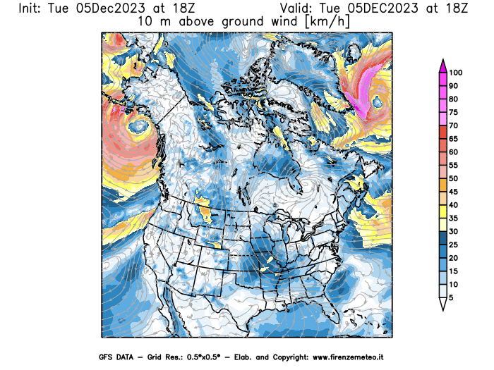 GFS analysi map - Wind Speed at 10 m above ground in North America
									on December 5, 2023 H18
