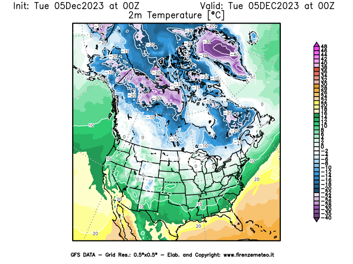 GFS analysi map - Temperature at 2 m above ground in North America
									on December 5, 2023 H00