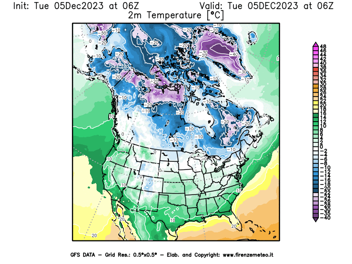 GFS analysi map - Temperature at 2 m above ground in North America
									on December 5, 2023 H06