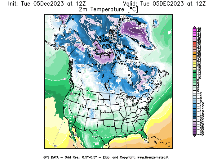 GFS analysi map - Temperature at 2 m above ground in North America
									on December 5, 2023 H12