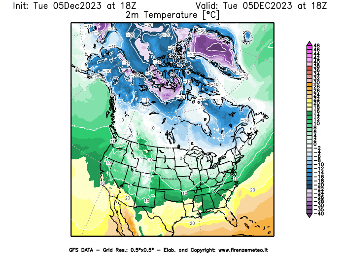 GFS analysi map - Temperature at 2 m above ground in North America
									on December 5, 2023 H18