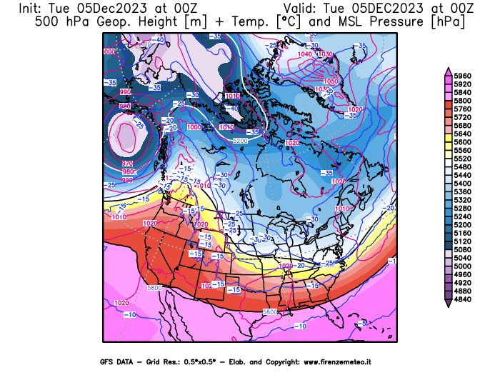 GFS analysi map - Geopotential + Temp. at 500 hPa + Sea Level Pressure in North America
									on December 5, 2023 H00