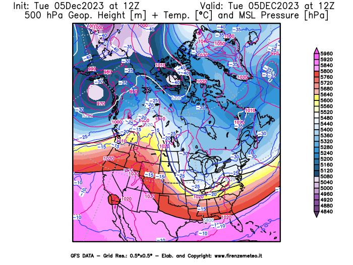 GFS analysi map - Geopotential + Temp. at 500 hPa + Sea Level Pressure in North America
									on December 5, 2023 H12