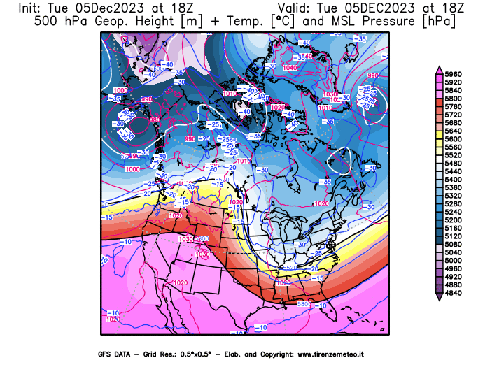 GFS analysi map - Geopotential + Temp. at 500 hPa + Sea Level Pressure in North America
									on December 5, 2023 H18