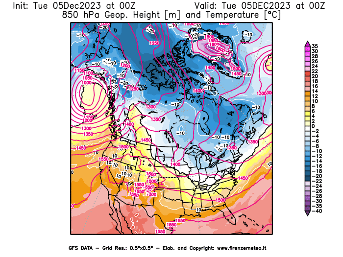 GFS analysi map - Geopotential and Temperature at 850 hPa in North America
									on December 5, 2023 H00