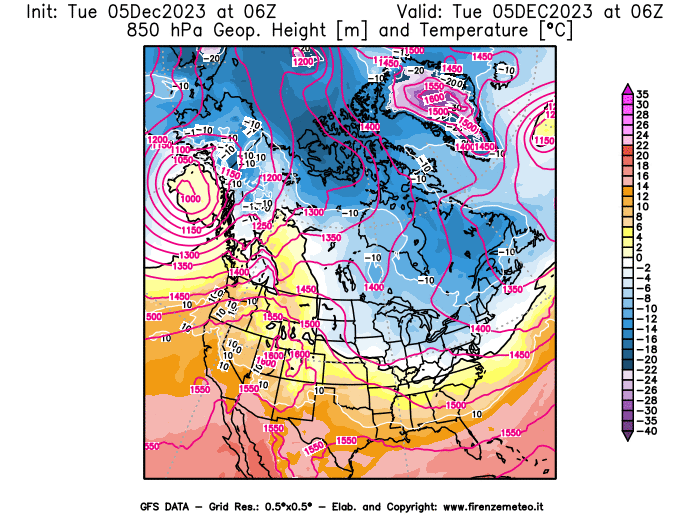 GFS analysi map - Geopotential and Temperature at 850 hPa in North America
									on December 5, 2023 H06