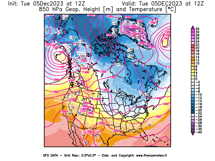 GFS analysi map - Geopotential and Temperature at 850 hPa in North America
									on December 5, 2023 H12