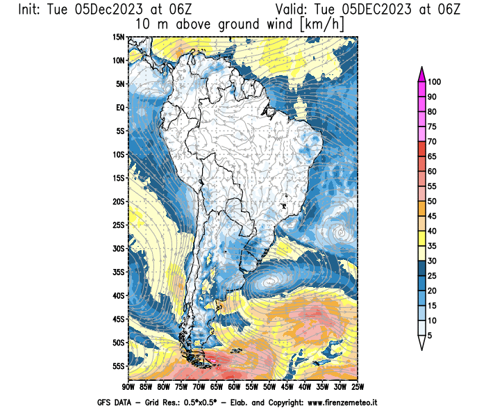 GFS analysi map - Wind Speed at 10 m above ground in South America
									on December 5, 2023 H06