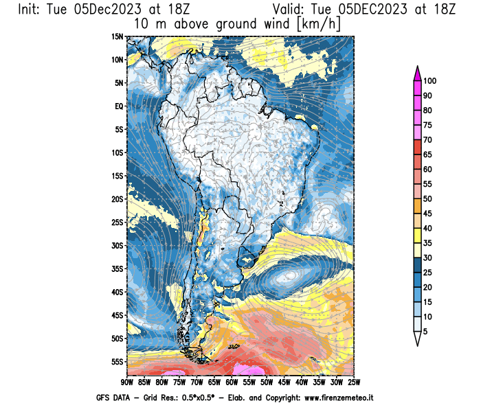 GFS analysi map - Wind Speed at 10 m above ground in South America
									on December 5, 2023 H18