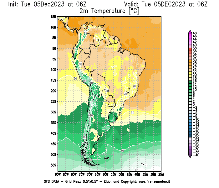 GFS analysi map - Temperature at 2 m above ground in South America
									on December 5, 2023 H06