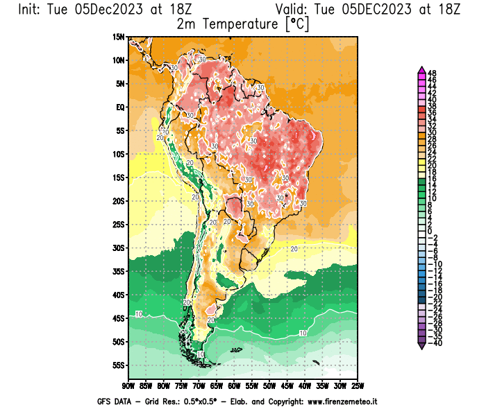 GFS analysi map - Temperature at 2 m above ground in South America
									on December 5, 2023 H18