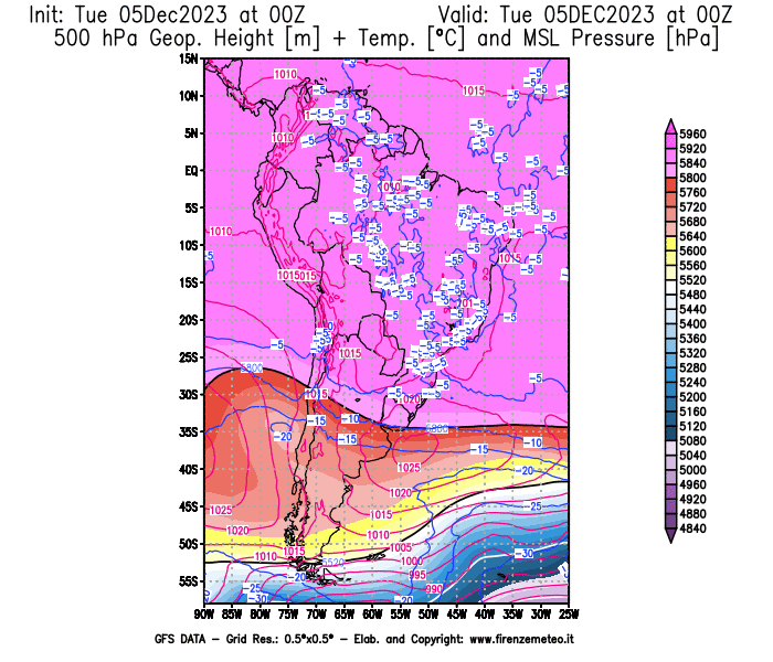 GFS analysi map - Geopotential + Temp. at 500 hPa + Sea Level Pressure in South America
									on December 5, 2023 H00