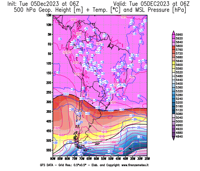 GFS analysi map - Geopotential + Temp. at 500 hPa + Sea Level Pressure in South America
									on December 5, 2023 H06