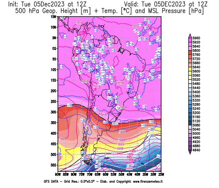 GFS analysi map - Geopotential + Temp. at 500 hPa + Sea Level Pressure in South America
									on December 5, 2023 H12