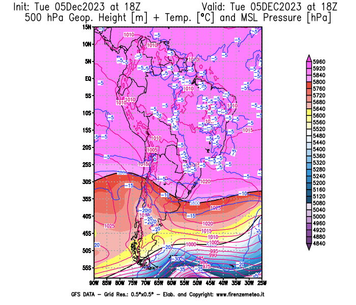 GFS analysi map - Geopotential + Temp. at 500 hPa + Sea Level Pressure in South America
									on December 5, 2023 H18