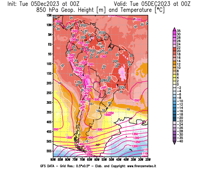 GFS analysi map - Geopotential and Temperature at 850 hPa in South America
									on December 5, 2023 H00