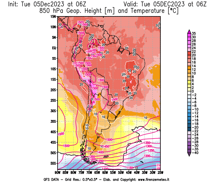 GFS analysi map - Geopotential and Temperature at 850 hPa in South America
									on December 5, 2023 H06