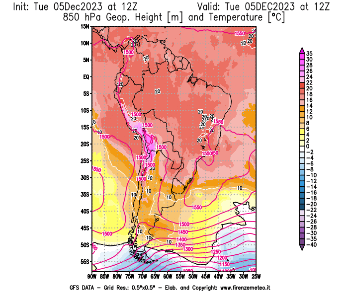 GFS analysi map - Geopotential and Temperature at 850 hPa in South America
									on December 5, 2023 H12