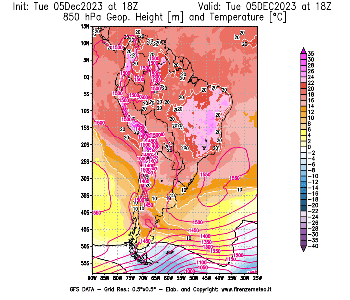 GFS analysi map - Geopotential and Temperature at 850 hPa in South America
									on December 5, 2023 H18