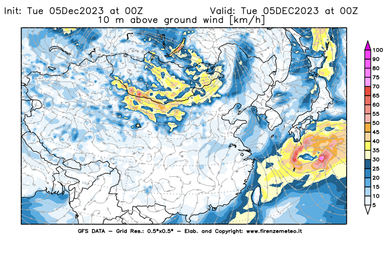 GFS analysi map - Wind Speed at 10 m above ground in East Asia
									on December 5, 2023 H00