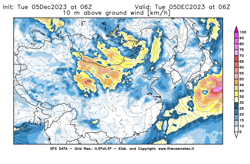 GFS analysi map - Wind Speed at 10 m above ground in East Asia
									on December 5, 2023 H06