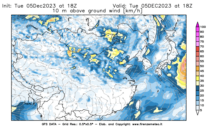 GFS analysi map - Wind Speed at 10 m above ground in East Asia
									on December 5, 2023 H18