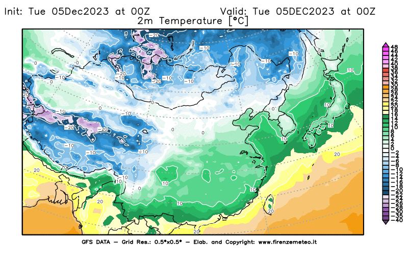 GFS analysi map - Temperature at 2 m above ground in East Asia
									on December 5, 2023 H00