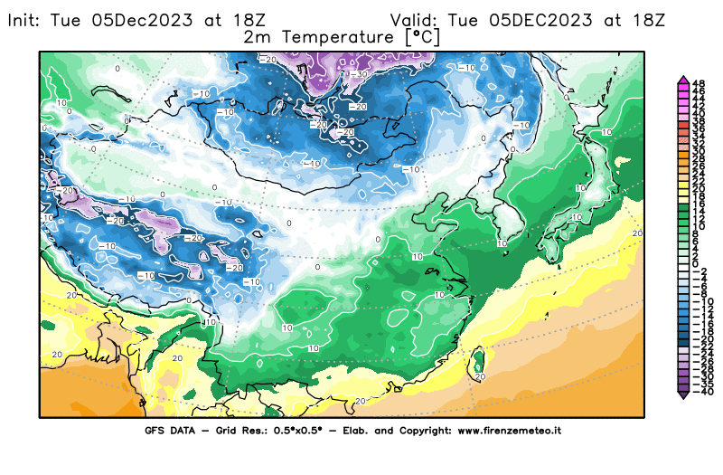 GFS analysi map - Temperature at 2 m above ground in East Asia
									on December 5, 2023 H18