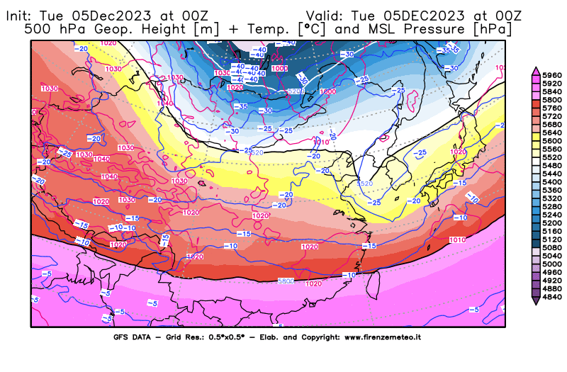 GFS analysi map - Geopotential + Temp. at 500 hPa + Sea Level Pressure in East Asia
									on December 5, 2023 H00