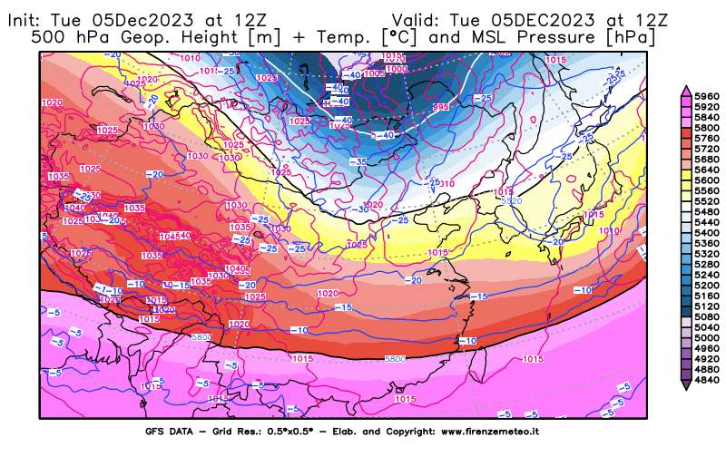 GFS analysi map - Geopotential + Temp. at 500 hPa + Sea Level Pressure in East Asia
									on December 5, 2023 H12