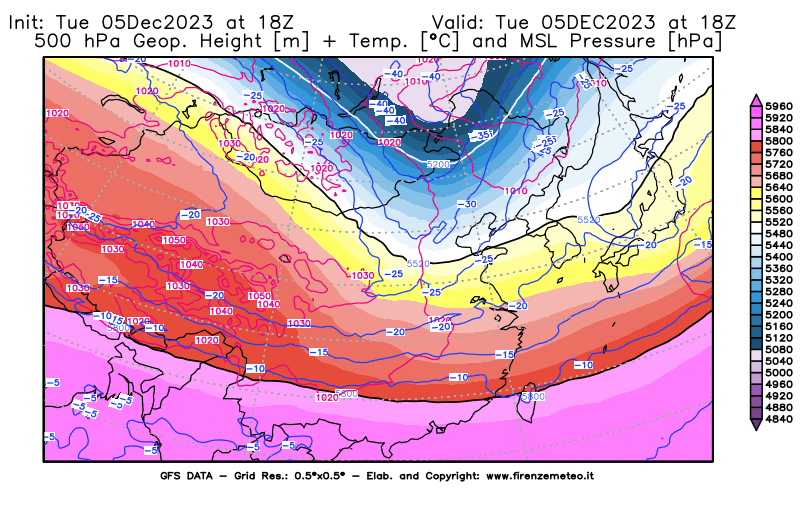 GFS analysi map - Geopotential + Temp. at 500 hPa + Sea Level Pressure in East Asia
									on December 5, 2023 H18