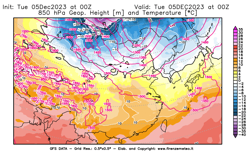 GFS analysi map - Geopotential and Temperature at 850 hPa in East Asia
									on December 5, 2023 H00
