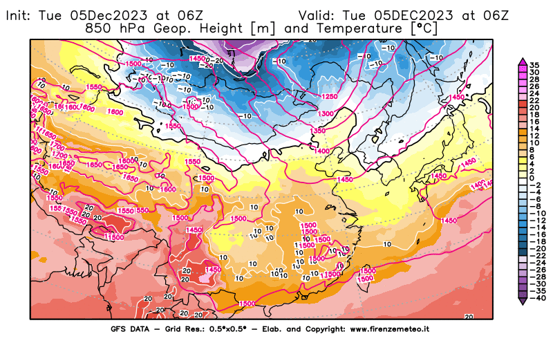 GFS analysi map - Geopotential and Temperature at 850 hPa in East Asia
									on December 5, 2023 H06