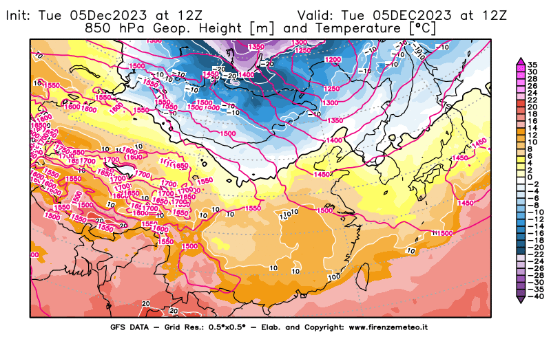 GFS analysi map - Geopotential and Temperature at 850 hPa in East Asia
									on December 5, 2023 H12