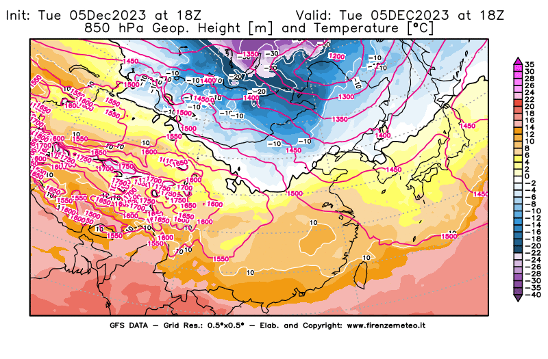 GFS analysi map - Geopotential and Temperature at 850 hPa in East Asia
									on December 5, 2023 H18