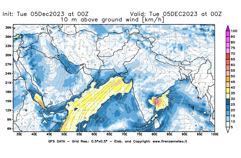 GFS analysi map - Wind Speed at 10 m above ground in South West Asia 
									on December 5, 2023 H00