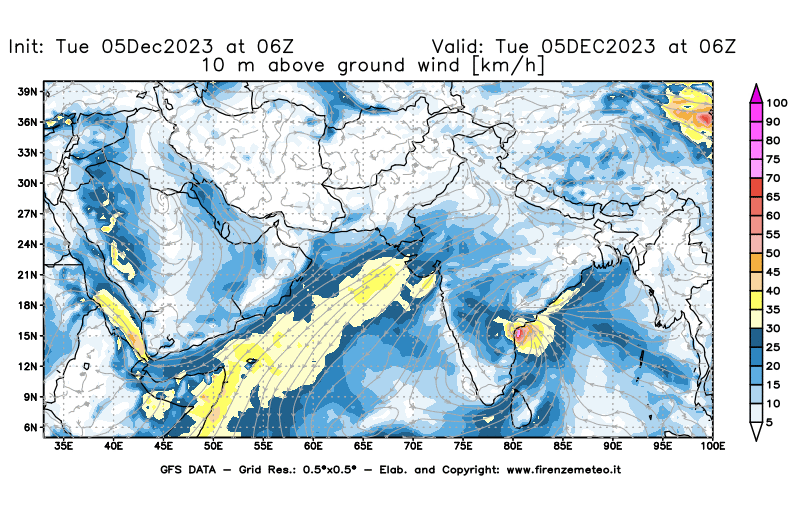 GFS analysi map - Wind Speed at 10 m above ground in South West Asia 
									on December 5, 2023 H06