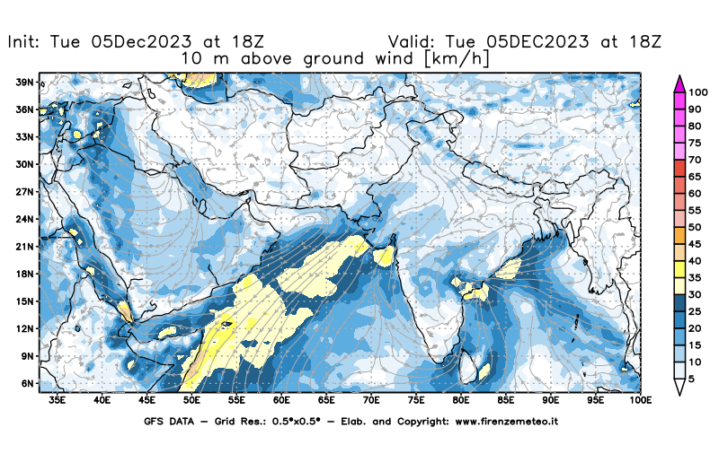 GFS analysi map - Wind Speed at 10 m above ground in South West Asia 
									on December 5, 2023 H18