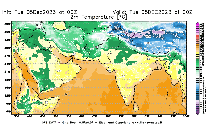 GFS analysi map - Temperature at 2 m above ground in South West Asia 
									on December 5, 2023 H00