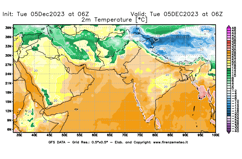 GFS analysi map - Temperature at 2 m above ground in South West Asia 
									on December 5, 2023 H06